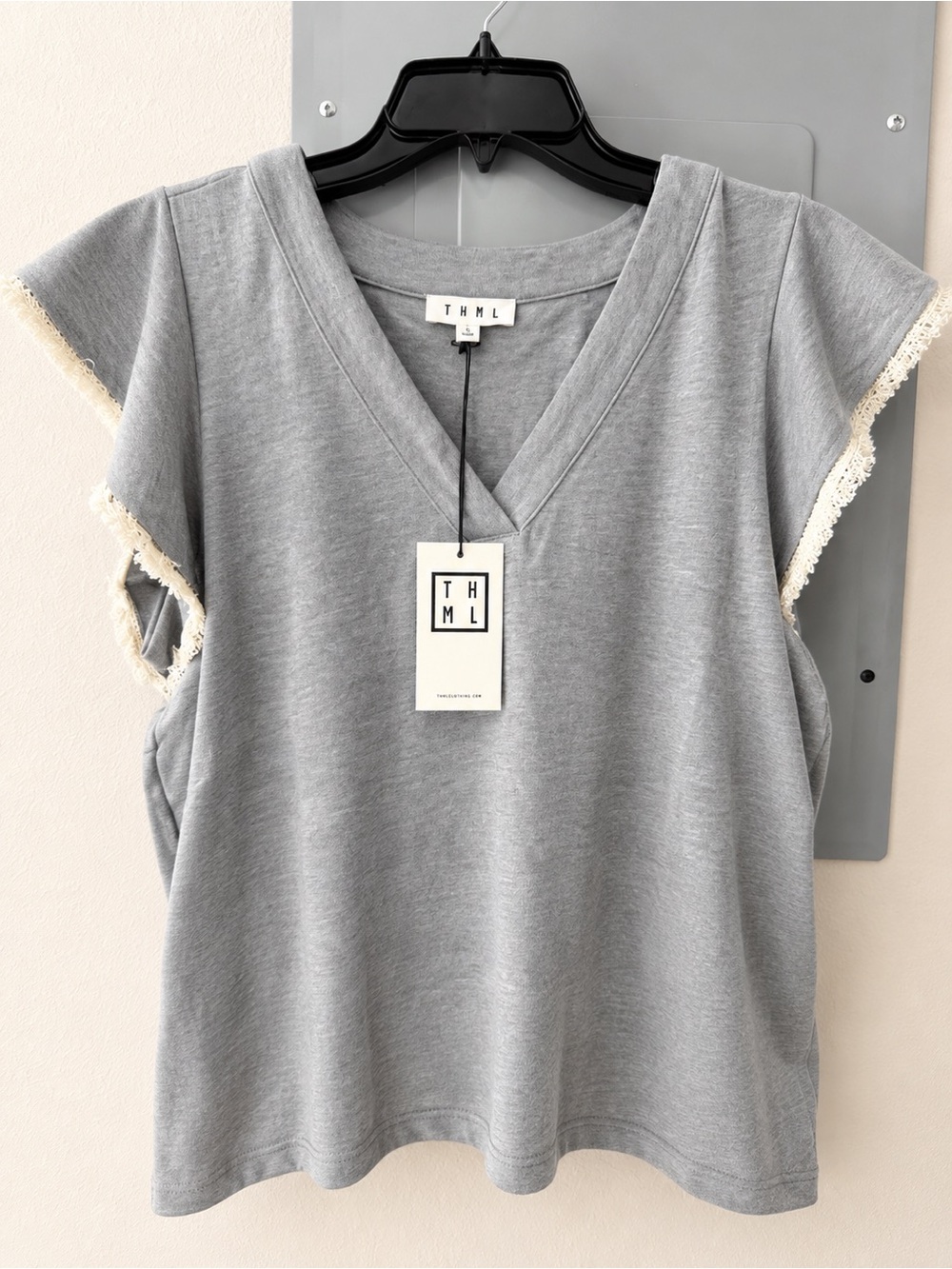 THML Gray V-Neck Tank with Cream Lace Trim